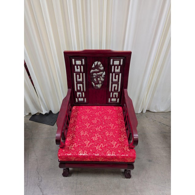Late 20th Century Vintage Chinese Rosewood Armchair With Hand-Carved Dragon Medallion and Red Silk Cushion For Sale - Image 5 of 10