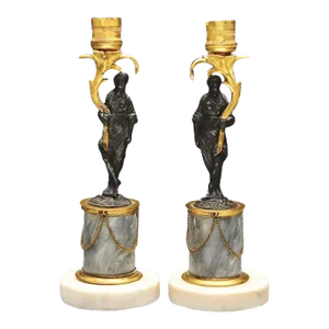 Fine English Regency Patinated & Gilt Bronze Figural Candlesticks of Robed Ladies Standing on Gray and White Marble Column Bases 1810 - 1820 - a Pair