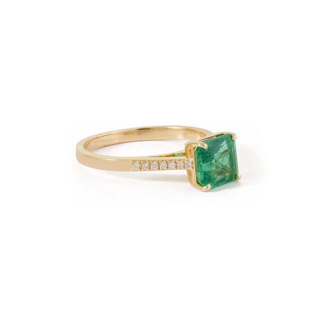 Metal 1.63ct Square Cut Zambian Emerald Diamond 14k Gold Victorian Engagement Ring Size 4 For Sale - Image 7 of 18