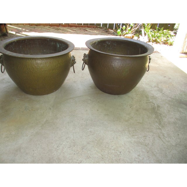 This is a Beautiful! Vintage Pair of Large Hammered Brass With Food Dog Handles Planter that are 10" tall x 15.25" wide...