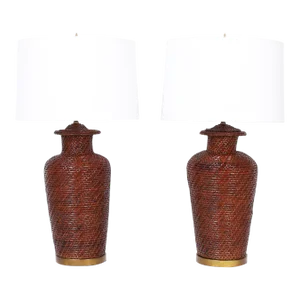 Pair of Asian Modern Wicker Table Lamps