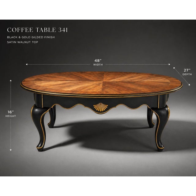 Wood Vintage Oval Coffee Table – Bookmatched Veneer Top in Satin Walnut With Black & Gold Gilded Base – 48" W For Sale - Image 7 of 7