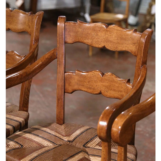 Vintage Country French Carved Oak Stools With Painted Rush Seat, Set of ...