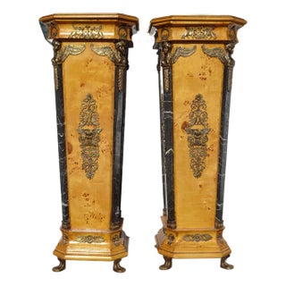 Pair of Antique French Empire Gold Ormolu Mottled Marble Pedestals Stands For Sale