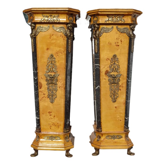 Pair of Antique French Empire Gold Ormolu Mottled Marble Pedestals Stands For Sale