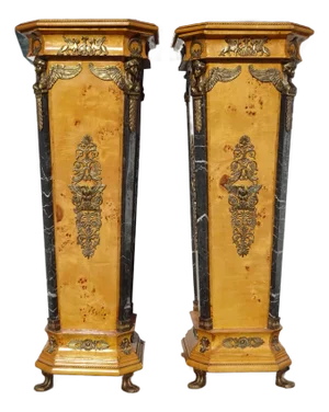 Pair of Antique French Empire Gold Ormolu Mottled Marble Pedestals Stands