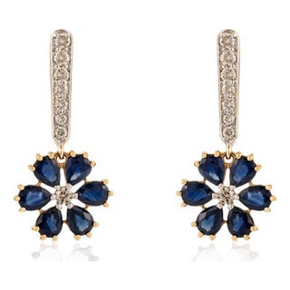 3.77 Ct Natural Blue Sapphire & Diamond Floral Drop Earrings in 18k Yellow Gold- A Pair For Sale