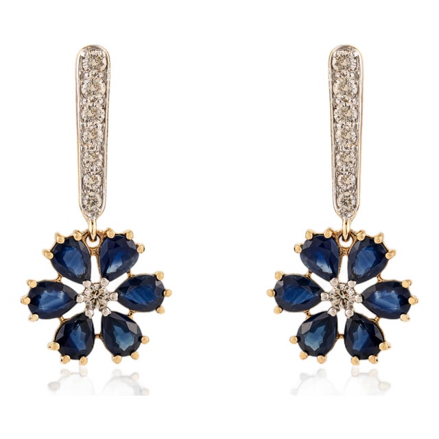 3.77 Ct Natural Blue Sapphire & Diamond Floral Drop Earrings in 18k Yellow Gold- A Pair For Sale