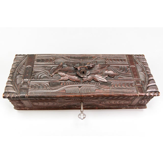 Antique Swiss Black Forest Dark Brown Carved Wood Glove Box, Ca. 1900s For Sale - Image 14 of 18