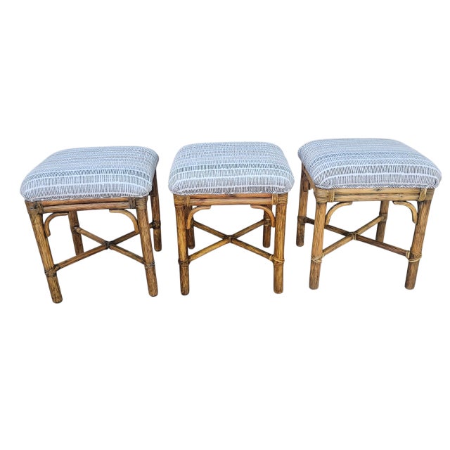 Contemporary Pair of McGuire Target Back Lounge Chairs With 3 McGuire Footstools For Sale - Image 3 of 18