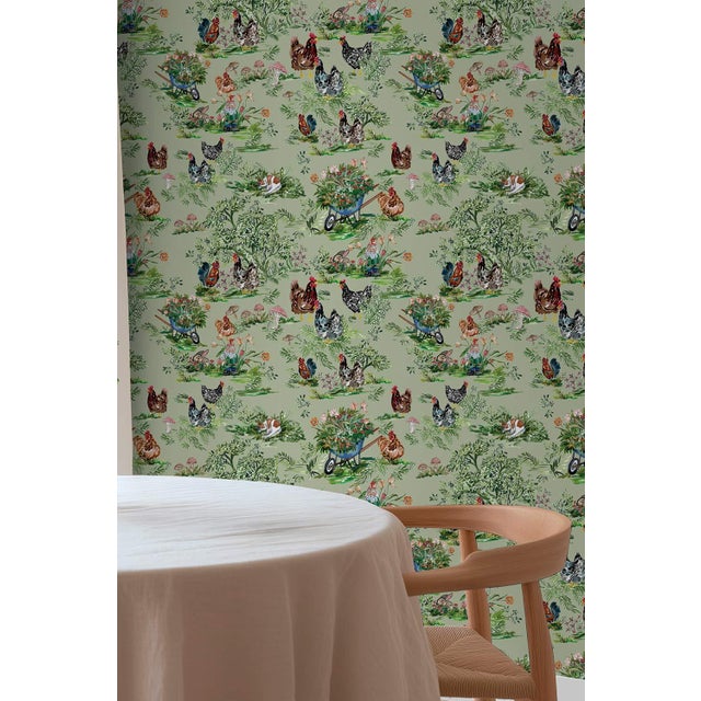 Not Yet Made - Made To Order Cluckingham Farm Toile Grasscloth Wallpaper by House Party | Green Grass | 8 Yards For Sale - Image 5 of 12
