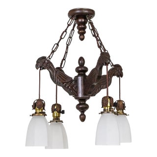 Early 20th Century Carved Wood Parrots Chandelier With Hanging Glass Shaded Lights For Sale