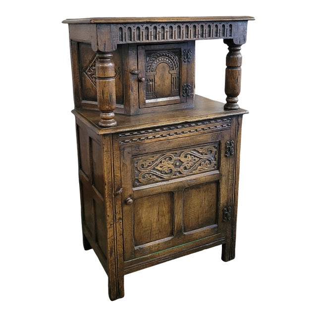 1920s Small English Gothic Revival Oak Court Cupboard For Sale