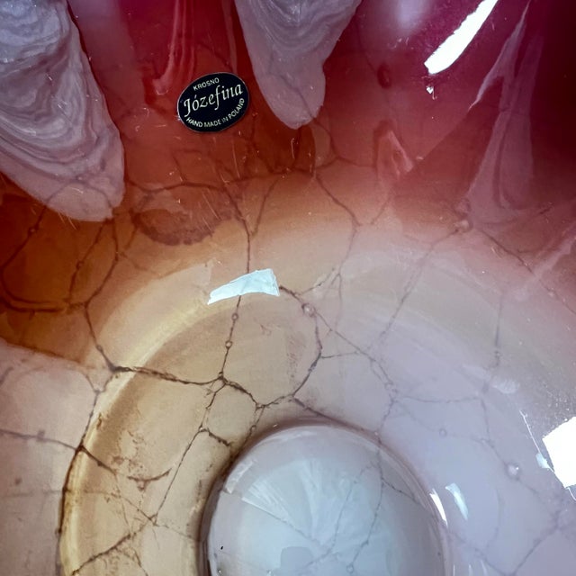 Late 20th Century Jozefina Krosno Sculptural Art Glass Bowl – Hand-Blown Polish Studio Glass in Maroon & Champagne, Organic Modern Object For Sale In Portland, OR - Image 6 of 8