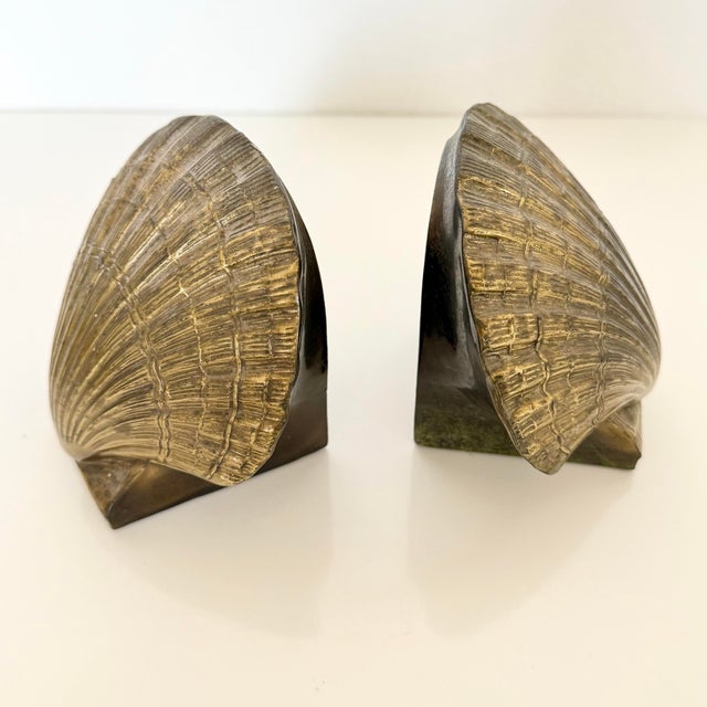 Brass Pair of Vintage PMC Brass Shell Bookends Mid Century Coastal Scallop VTG MCM For Sale - Image 8 of 9