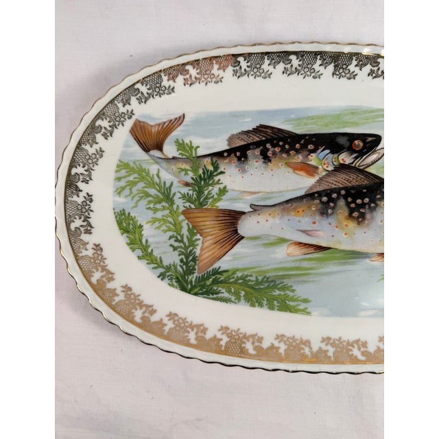 1950s Vintage, French, Fish Porcelain Platter, Gilded Frame, Trout For Sale - Image 5 of 7