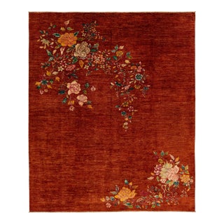 Modern Chinese Style Wool Rug Handmade in Terracora Red Color With Floral Motif For Sale