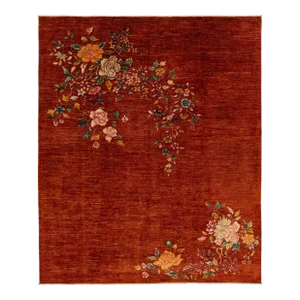 Modern Chinese Style Wool Rug Handmade in Terracora Red Color With Floral Motif