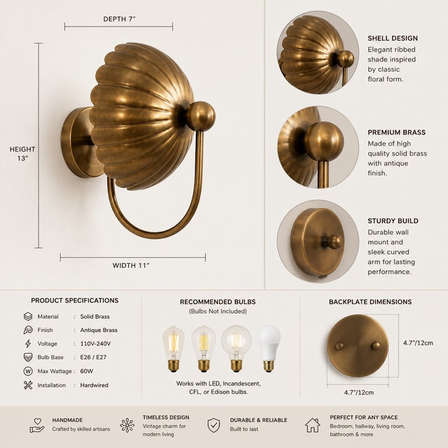 Art Deco Vintage Brass Wall Sconce Light, Handmade Antique Brass Flower Wall Lamp, Mid Century Shell Sconce, Bedroom Bedside Hallway Lighting Fixture For Sale - Image 3 of 10
