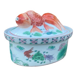 Porcelain Koi Goldfish Tureen Covered Serving Dish For Sale