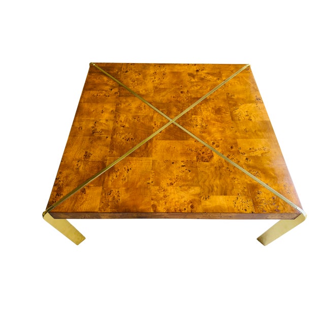 1970s Vintage 1970s Burl Wood & Brass Coffee Table | Hollywood Regency Milo Baughman Style | Parquet Burl Cocktail Table For Sale - Image 5 of 16
