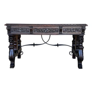 19th Century Spanish Two Faces Baroque Style Oak Library Table or Desk For Sale