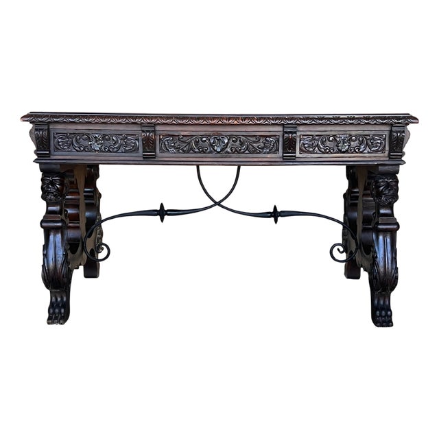 19th Century Spanish Two Faces Baroque Style Oak Library Table or Desk For Sale