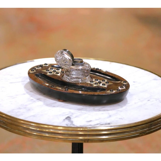 19th Century English Walnut and Mother-of-Pearl Oval Inkwell With Glass Insert For Sale - Image 10 of 11