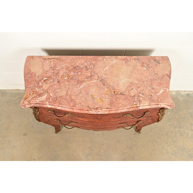 Paul Sormani Style Antique French Provincial Louis XV Kingwood Inlaid Marquetry Marble Top Commode With Mounted Ormolu | Circa 1920s For Sale - Image 13 of 17