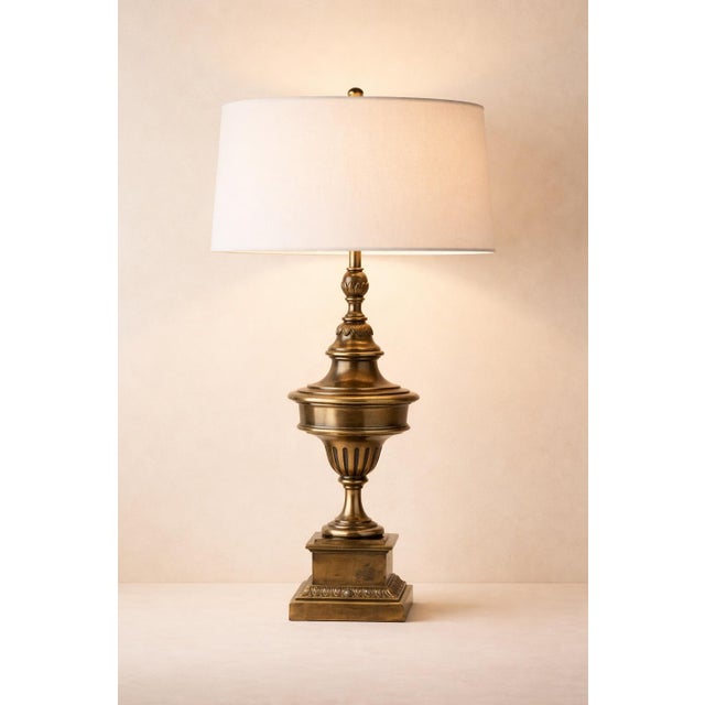 Stiffel Solid Brass Neoclassical Table Lamp With New 17” Drum Shade – 34” Tall For Sale In Los Angeles - Image 6 of 9