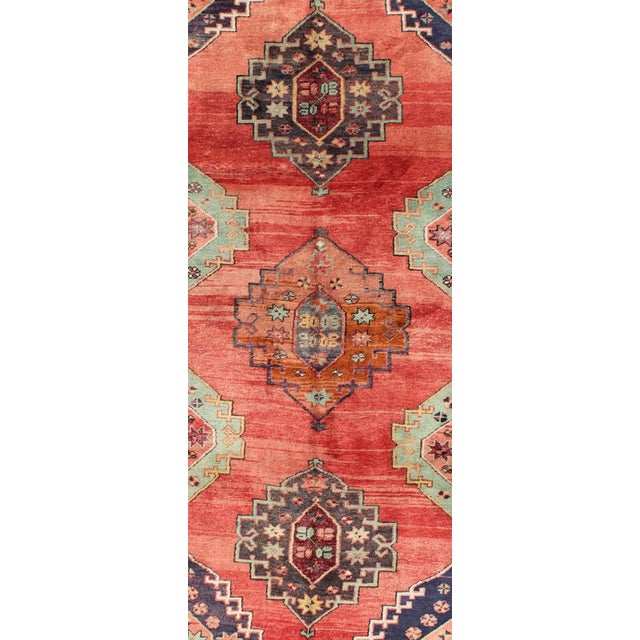Tribal Vintage Turkish Oushak Rug in Bold Coral Red With Navy, Teal, and Burnt Orange 4'10 X 9'8 For Sale - Image 3 of 8