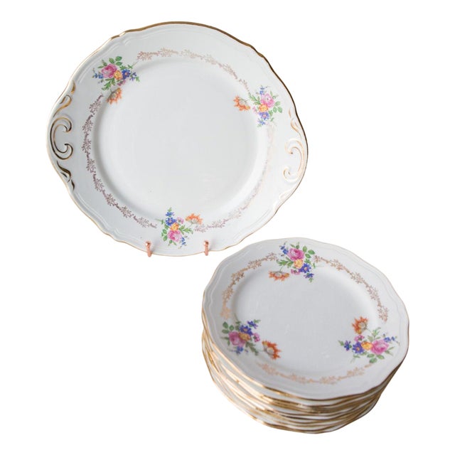French Earthenware Dessert Service for 12 by Lamandinoise, 1930s, Set of 13 For Sale