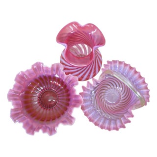 Late 20th Century 3 Fenton Cranberry Glass Opalescent Ruffled Clambroth Vase Basket Bowl Compote For Sale