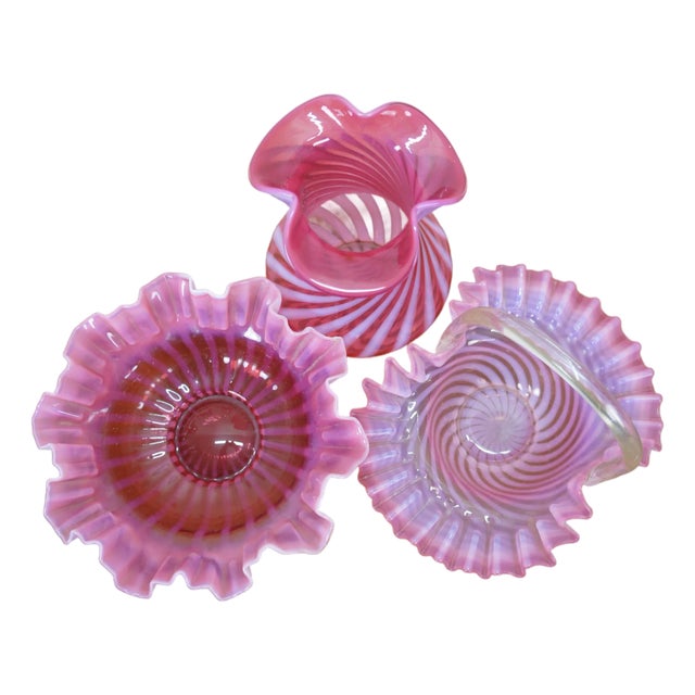 Late 20th Century 3 Fenton Cranberry Glass Opalescent Ruffled Clambroth Vase Basket Bowl Compote For Sale