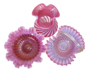 Late 20th Century 3 Fenton Cranberry Glass Opalescent Ruffled Clambroth Vase Basket Bowl Compote