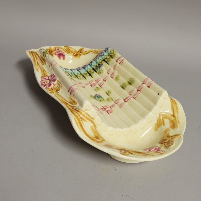 Antique French Majolica Asparagus Serving Dish With Molded Cradle & Floral Rim, Circa 1900 For Sale - Image 4 of 10