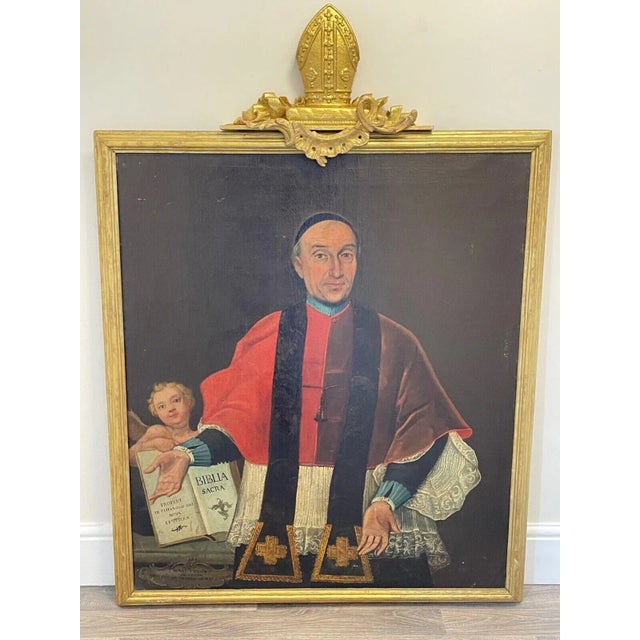 1 Huge Important rare fine art antique original religious Italian 18th century oil painting portrait of head Catholic...