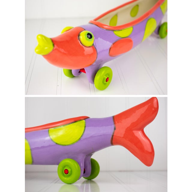Listed Artist Alison Palmer Studio Art Pottery: Whimsical Fish on Wheels For Sale - Image 10 of 18
