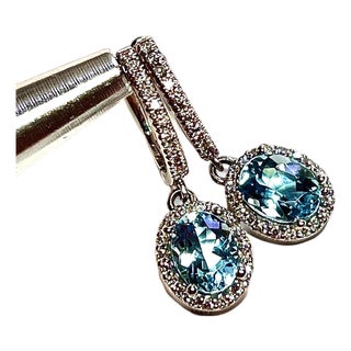 Natural Aquamarine Diamond Dangle Earrings 14k W Gold 2.55 TCW Certified For Sale