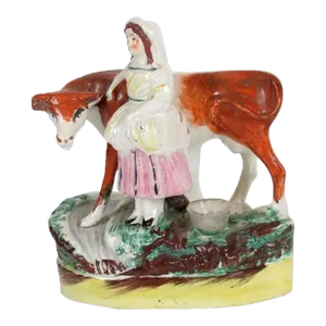 Staffordshire Pottery Cow Figure With Milkmaid