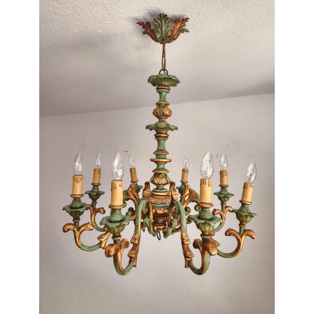 Vintage Louis XV Silvered Gold-Plated Leaf Carved Wood Eight Light Chandelier with Floral Motifs, Italy, 1920s, Set of 2 For Sale - Image 16 of 18