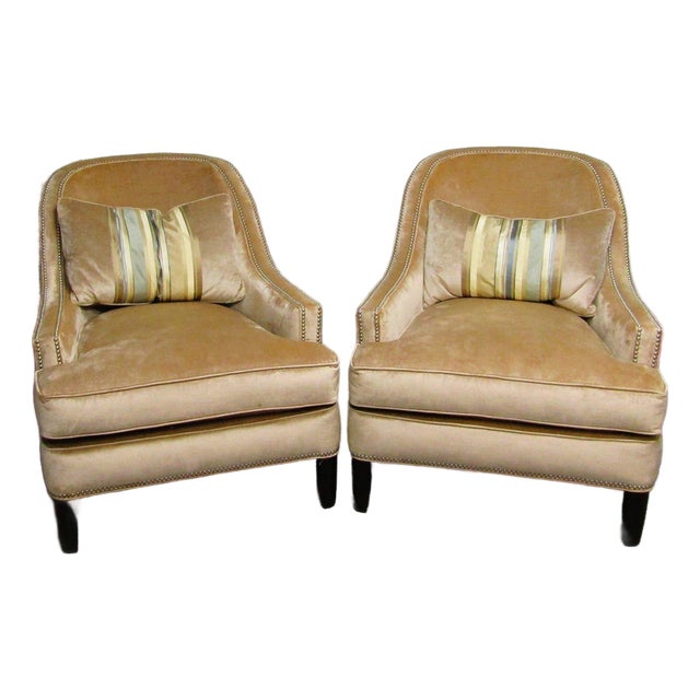 Pair of Century Furniture Velvet Upholstered Nail Head Lounge Chairs and Pillows For Sale