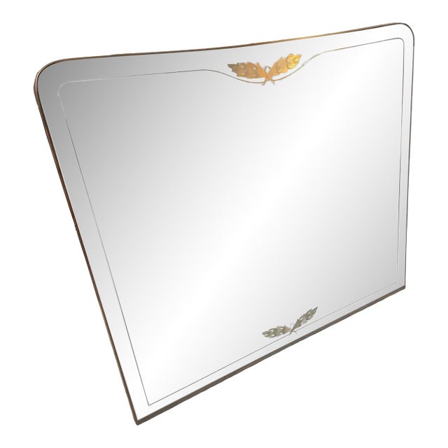 1950s Gio Ponti Style Mid-Century Modern Brass and Etched Glass Big Wall Mirror For Sale