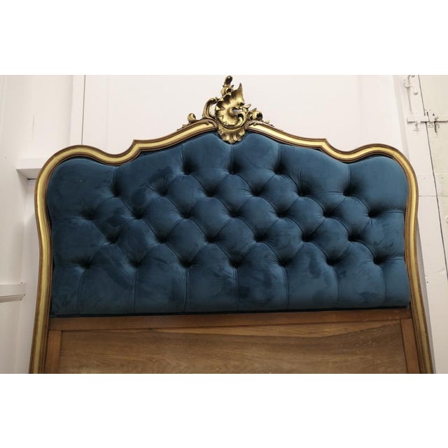 French Upholstered Headboard Deeply Buttoned in Teal Velvet For Sale - Image 6 of 8