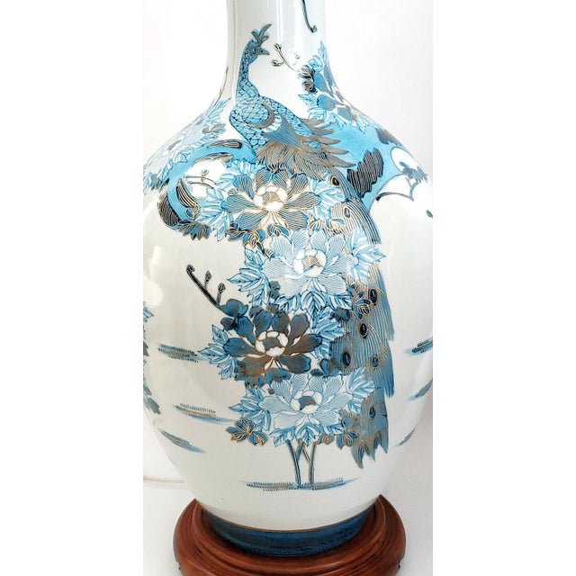 Huge Lamp Pair Blue & Metallic Gold Hand Painted Peacocks 1960s Kutani For Sale - Image 11 of 18