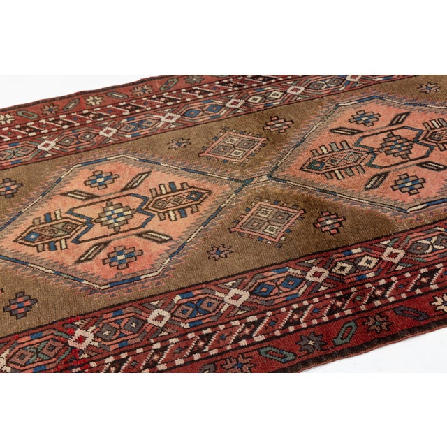 1950s Vintage Turkish Anatolian Wool Runner Rug With Diamond Medallions in Espresso, Terracotta & Navy For Sale - Image 5 of 9