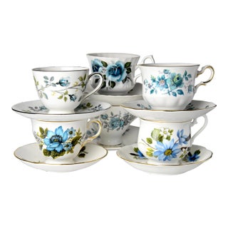 Mid-Century Blue Rose Cups & Saucers, Set of 6 For Sale