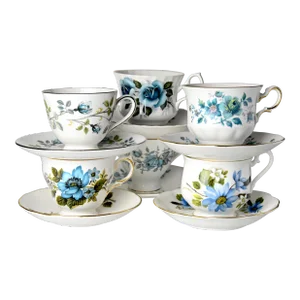 Mid-Century Blue Rose Cups & Saucers, Set of 6