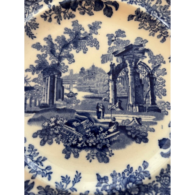 Ashworth Ironstone Antique English Blue & White Transferware “Ancient Ruins” Dinner Plates by Ashworth Bros, Set of 9 For Sale - Image 4 of 11