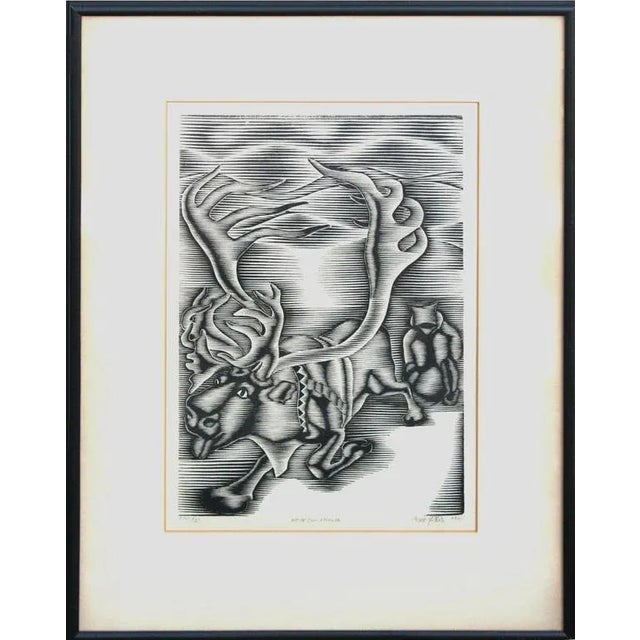 Mid 20th Century "Rein Og Pulk (Reindeer and Sleighs) Pulling a Laplander Sami in His Pulk" Print, Framed For Sale